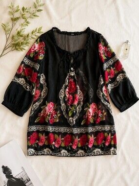 Women’s Black Sheer Floral Blouse Sheego EU 40 Flowy Boho 3/4 Sleeve